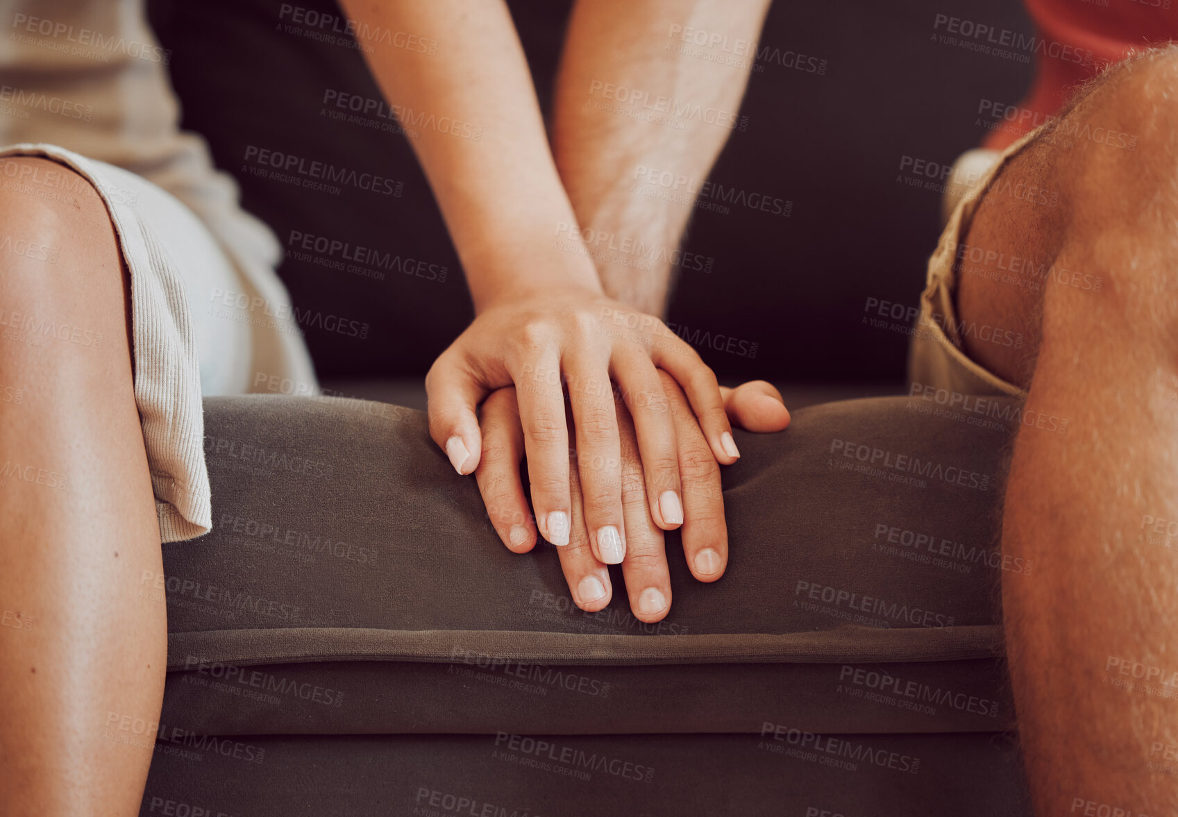 Buy stock photo Couple, empathy and bonding with holding hands for together, help or care in home for relax. People, trust and support for healthy conversation or compassion for love, connection and romantic partner