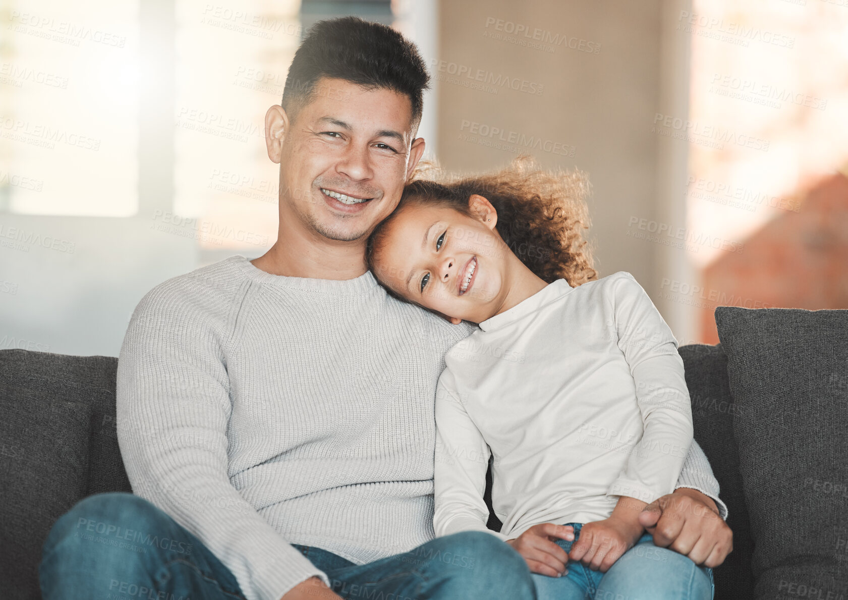 Buy stock photo Portrait, home and father with girl on sofa, relax and hug with comfort, support and weekend break. Face, family and single parent on couch, dad and daughter with smile, happiness or bonding together