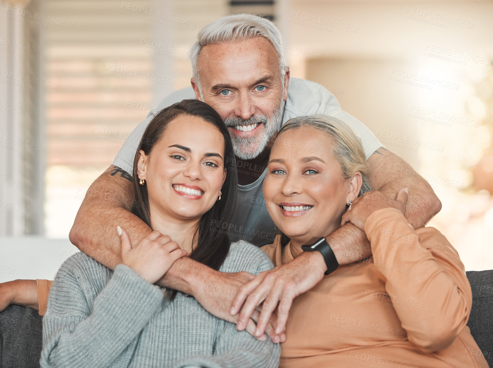 Buy stock photo Family, woman and hug in home portrait, weekend visit and relax together for bonding. Retirement, embrace daughter and love senior parents in Argentina, happiness and care for relationship security