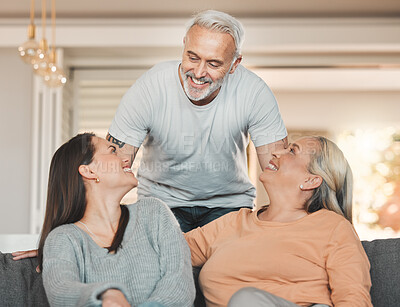 Buy stock photo Senior parents, woman and talking in home, weekend visit and relax together for bonding. Retirement, happy daughter and love family in living room, conversation and care for relationship security