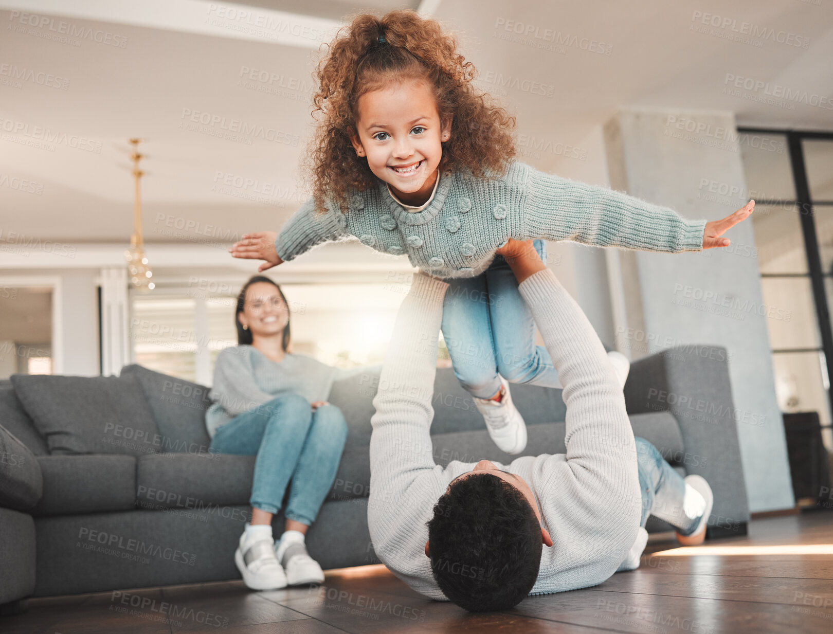 Buy stock photo Portrait, father and flying game with child in home for care, development and support in bonding together. Girl, man and playful with airplane, love and happiness for growth, joy and family in Turkey