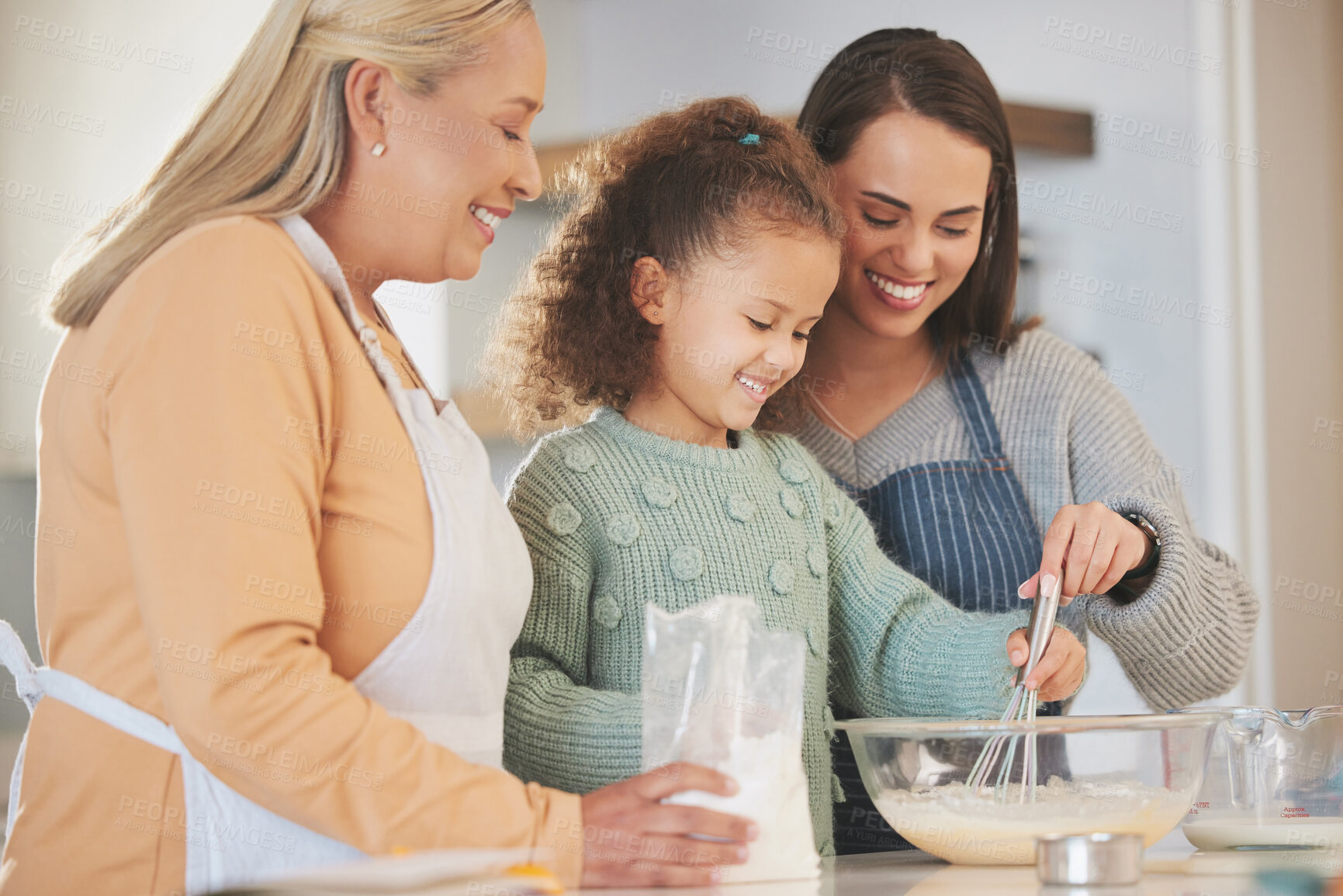 Buy stock photo Baking, mother and grandmother with kid to whisk flour in bowl for learning recipe with happy family. Mix, mom and girl with generations for cooking, prepare or help with ingredients in home kitchen