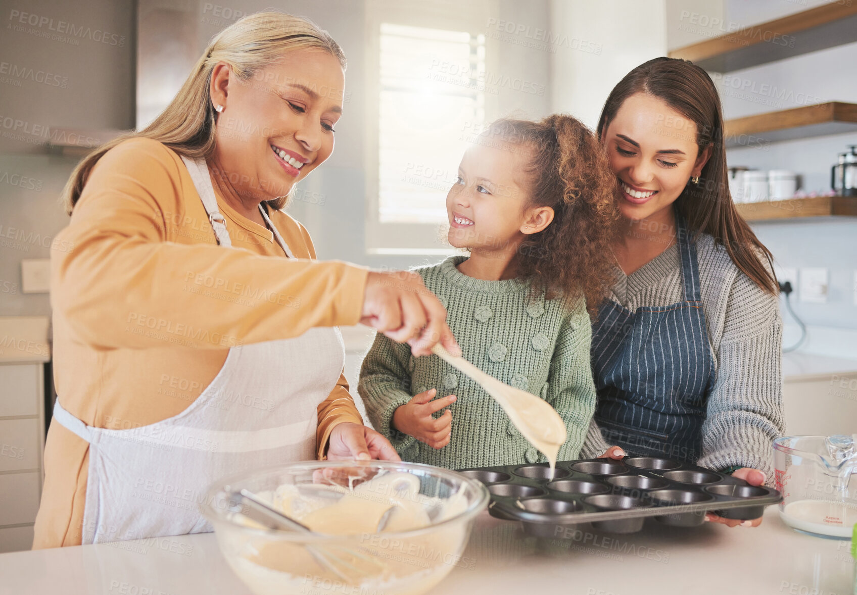 Buy stock photo Teaching, grandma and child baking with mom, lesson and food for learning to prepare ingredients in home. Grandparent, dessert or mother with girl for cooking skills, development or breakfast recipe