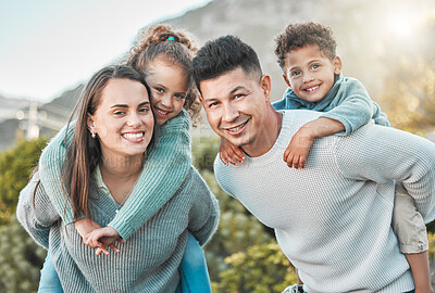 Buy stock photo Piggyback, portrait and smile with family in mountains together for hiking, holiday or vacation. Love, nature or summer with happy mother, father and sibling children outdoor in park for bonding