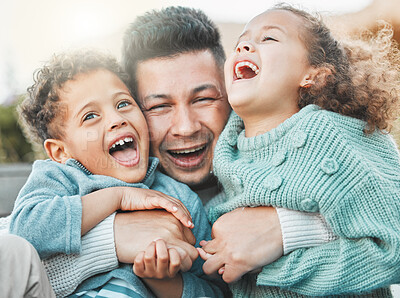 Buy stock photo Hug, laughing or love with with father and children in garden of home together for bonding or comedy. Funny, humor or smile with single parent man, son and daughter outdoor for support or wellness