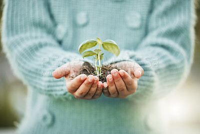Buy stock photo Shot of a unrecognizable girl holding a plant outside