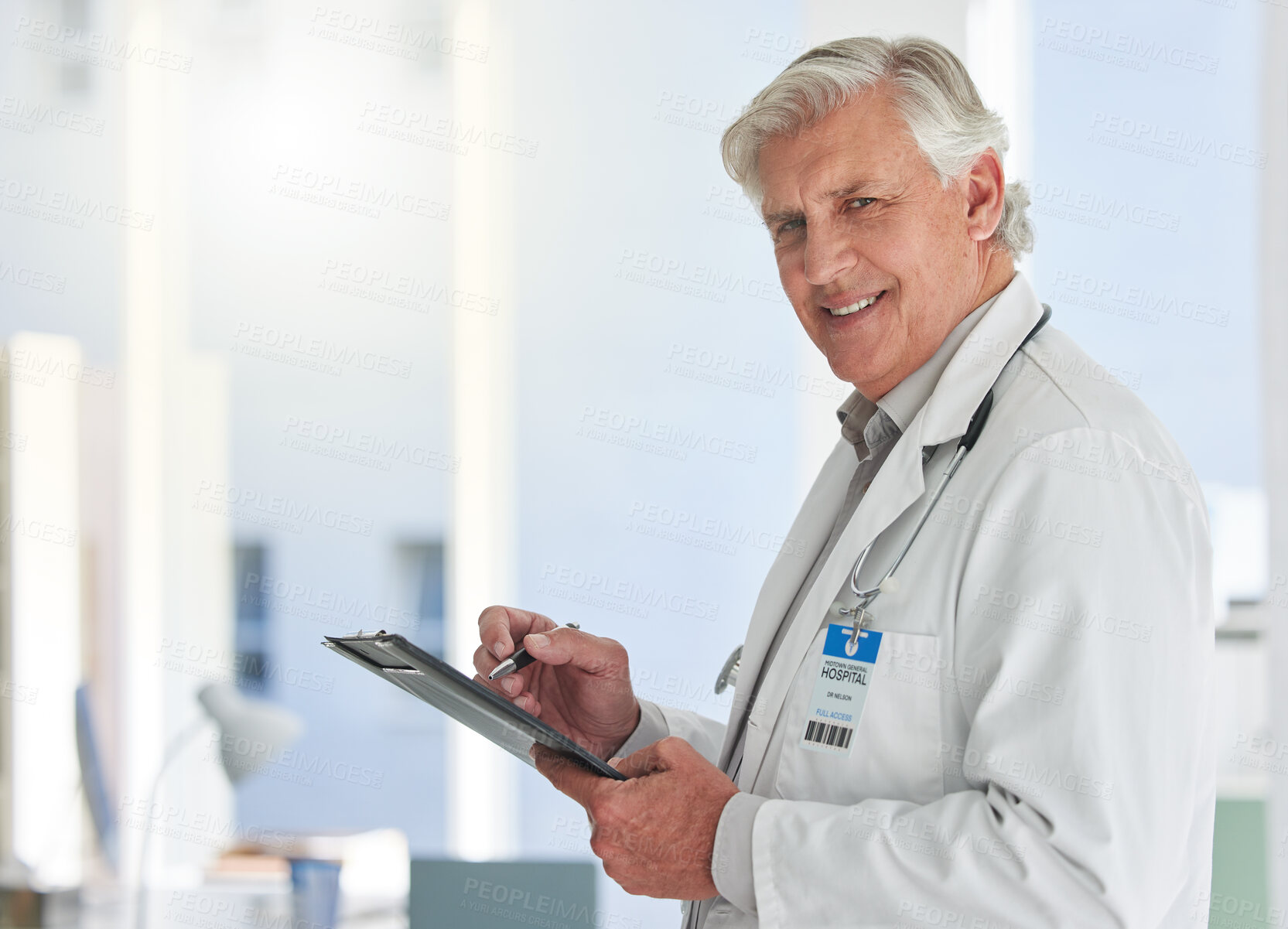 Buy stock photo Portrait, mature man and doctor with clipboard in hospital, wellness and healthcare with expert. Face, medical and professional with documents for routine, insurance or checklist with skills or smile