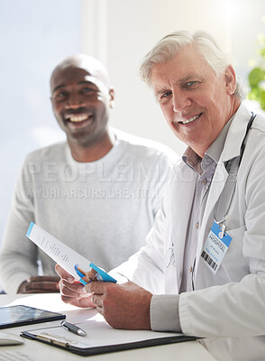 Buy stock photo Brochure, consulting and portrait with doctor and patient for medical, life insurance or results. Medicine, healthcare and learning with men and pamphlet for support, communication and advice
