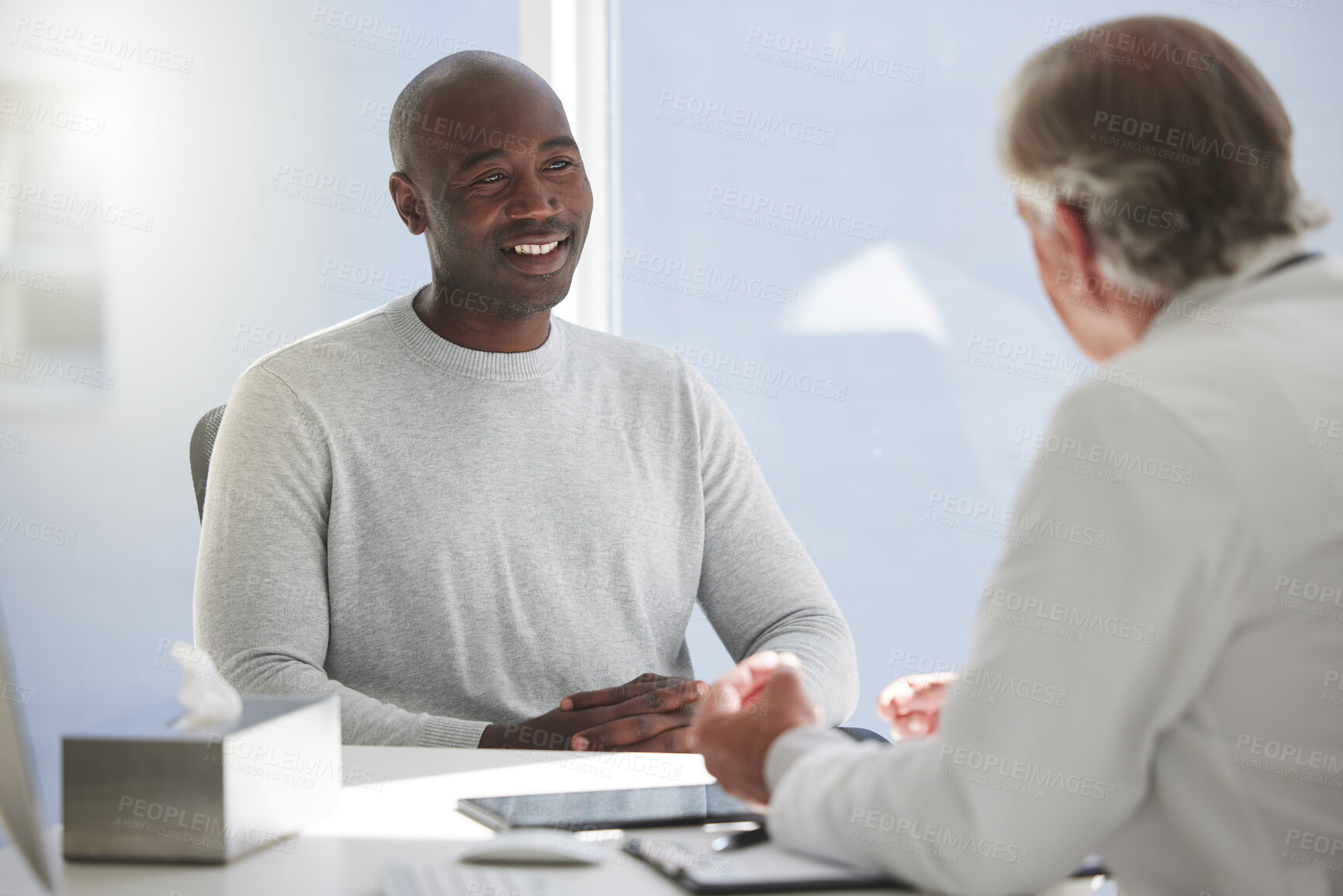 Buy stock photo Patient, man and doctor in healthcare appointment, consultation or diagnosis for prescription at hospital. Mature specialist, talk and medical worker results discussion for insurance or clinic advice