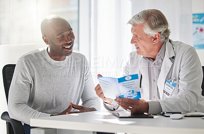 Buy stock photo Brochure, consulting and help with doctor and patient for medical, life insurance or results. Medicine, healthcare and learning with men and pamphlet in hospital for support, communication and advice