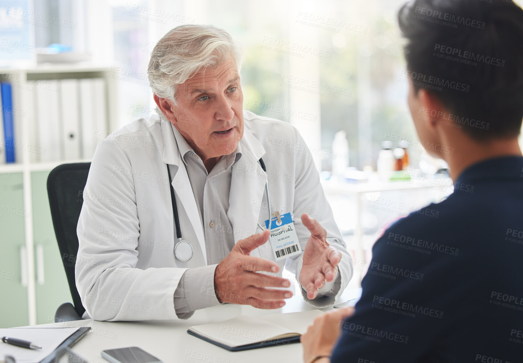 Buy stock photo Man, doctor and patient in healthcare discussion, appointment or diagnosis for prescription at hospital. Mature specialist, talks and medical worker result consultation for insurance or clinic advice