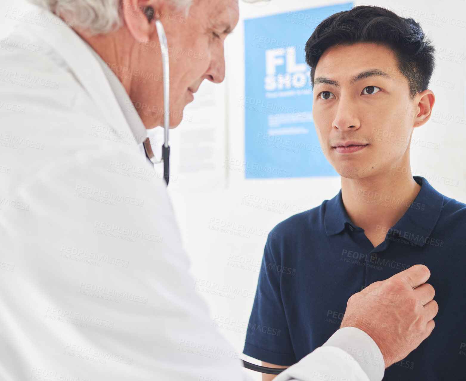 Buy stock photo Doctor, patient and stethoscope in hospital for consultation, medical examination and checkup. Physician, male person and mature for health, heart beat and breathing with care or medicine in clinic
