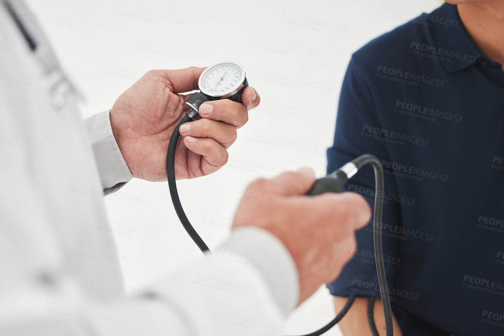 Buy stock photo Doctor, hands and blood pressure with checkup or monitor for medical examination, machine or consultation. Physician, people and patient for healthcare, cardiology and wellness in hospital or clinic