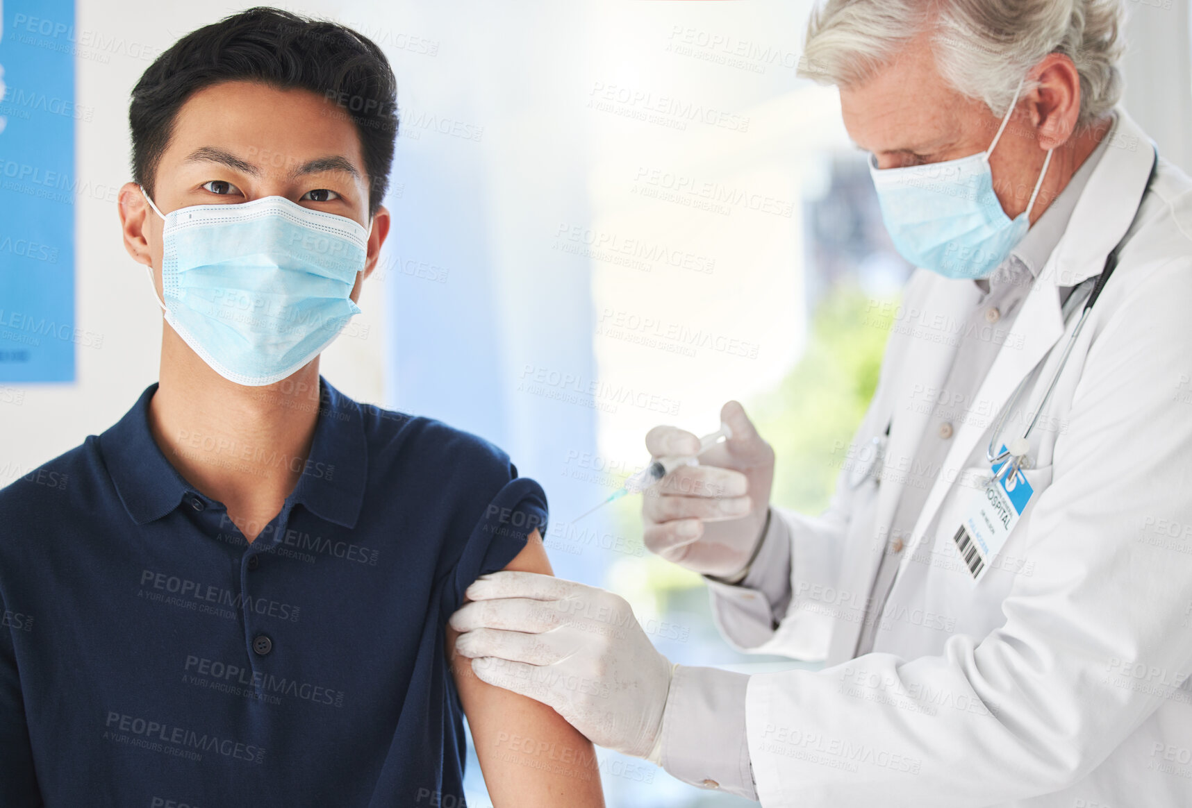 Buy stock photo Face mask, doctor and portrait of man with injection in clinic for healthcare, protection and virus safety. Medical, ppe and people with syringe in consultation for mpox vaccine, immunity and support