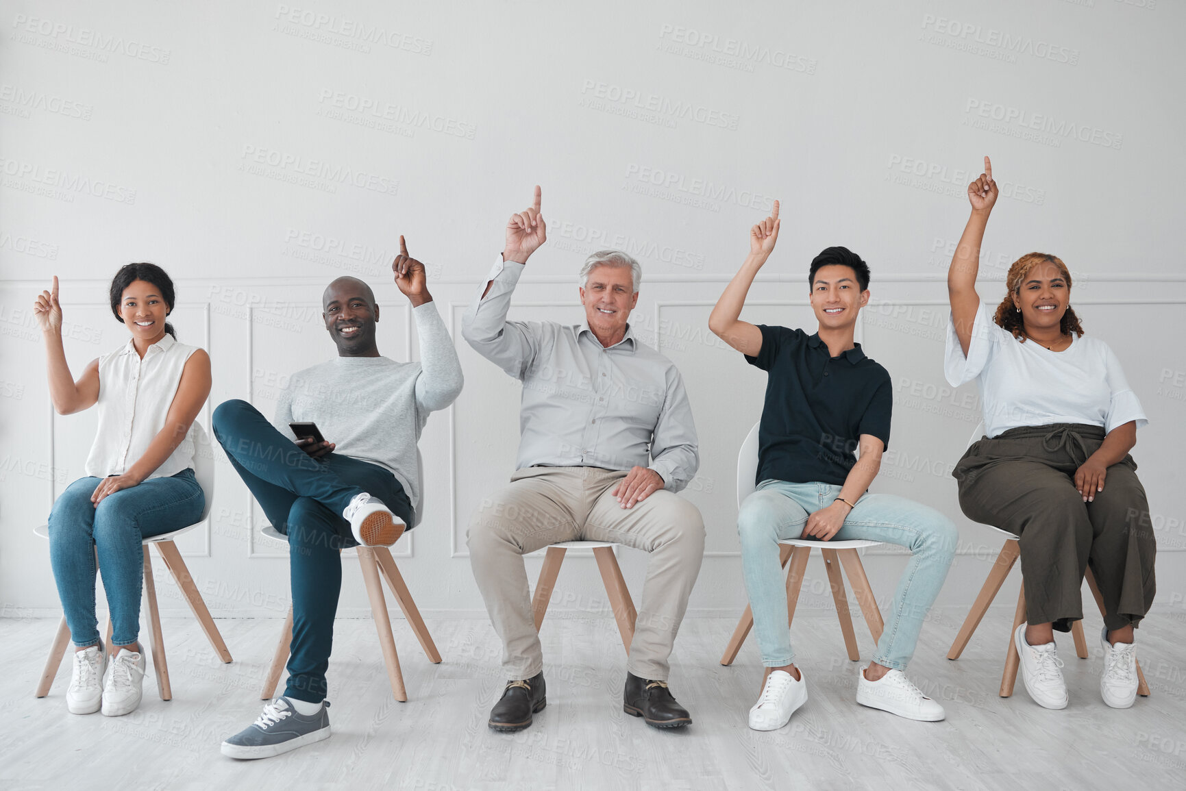 Buy stock photo Portrait, group of people and pointing up with diversity, selection and hr process for job opportunity. Teamwork, hand gesture and excited as interview, onboarding or promotion in company or business