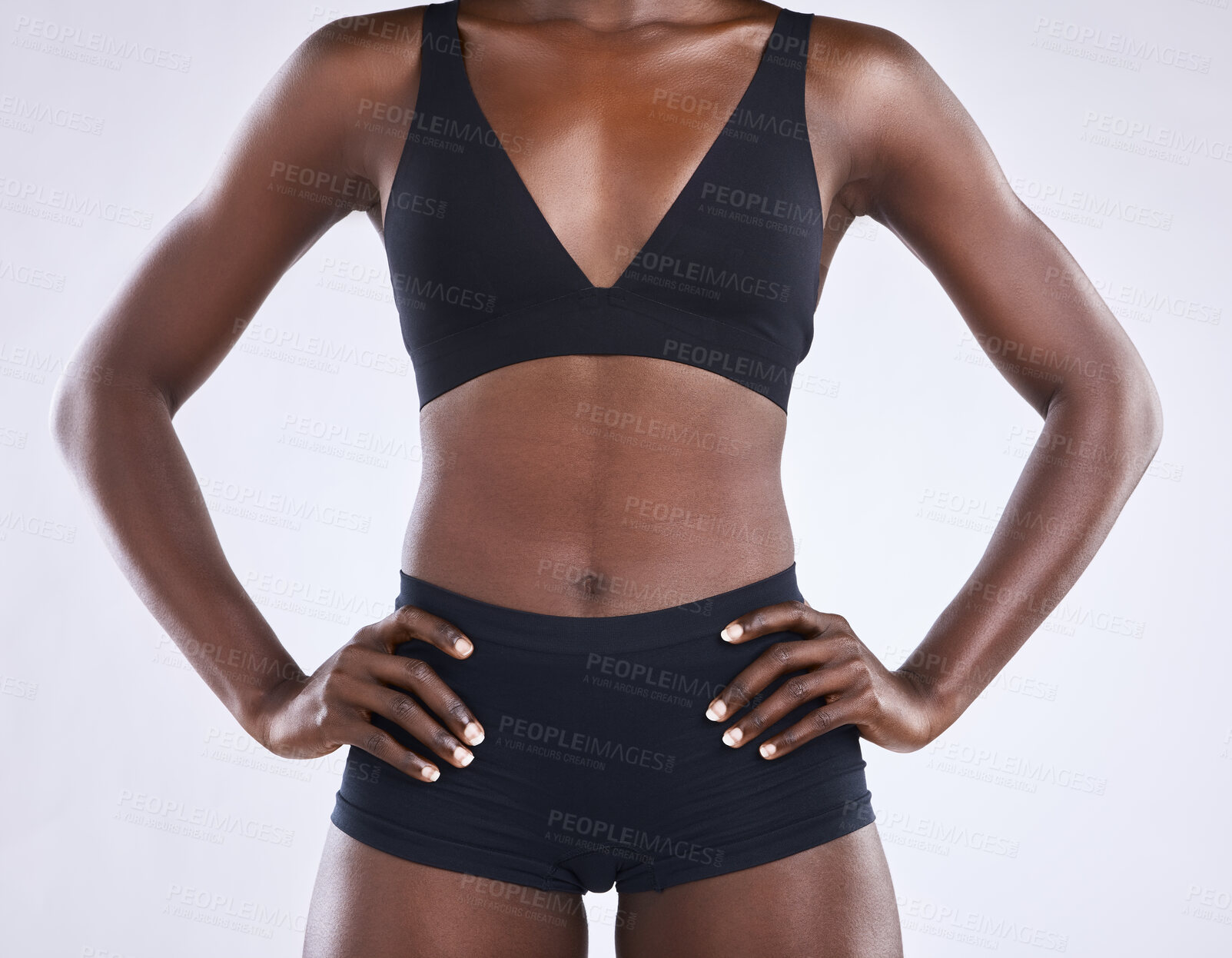 Buy stock photo Body, fitness and health with stomach of black woman in studio for nutrition, weight loss or diet. Lingerie, wellness and workout with tummy of female model on white background for self care and glow