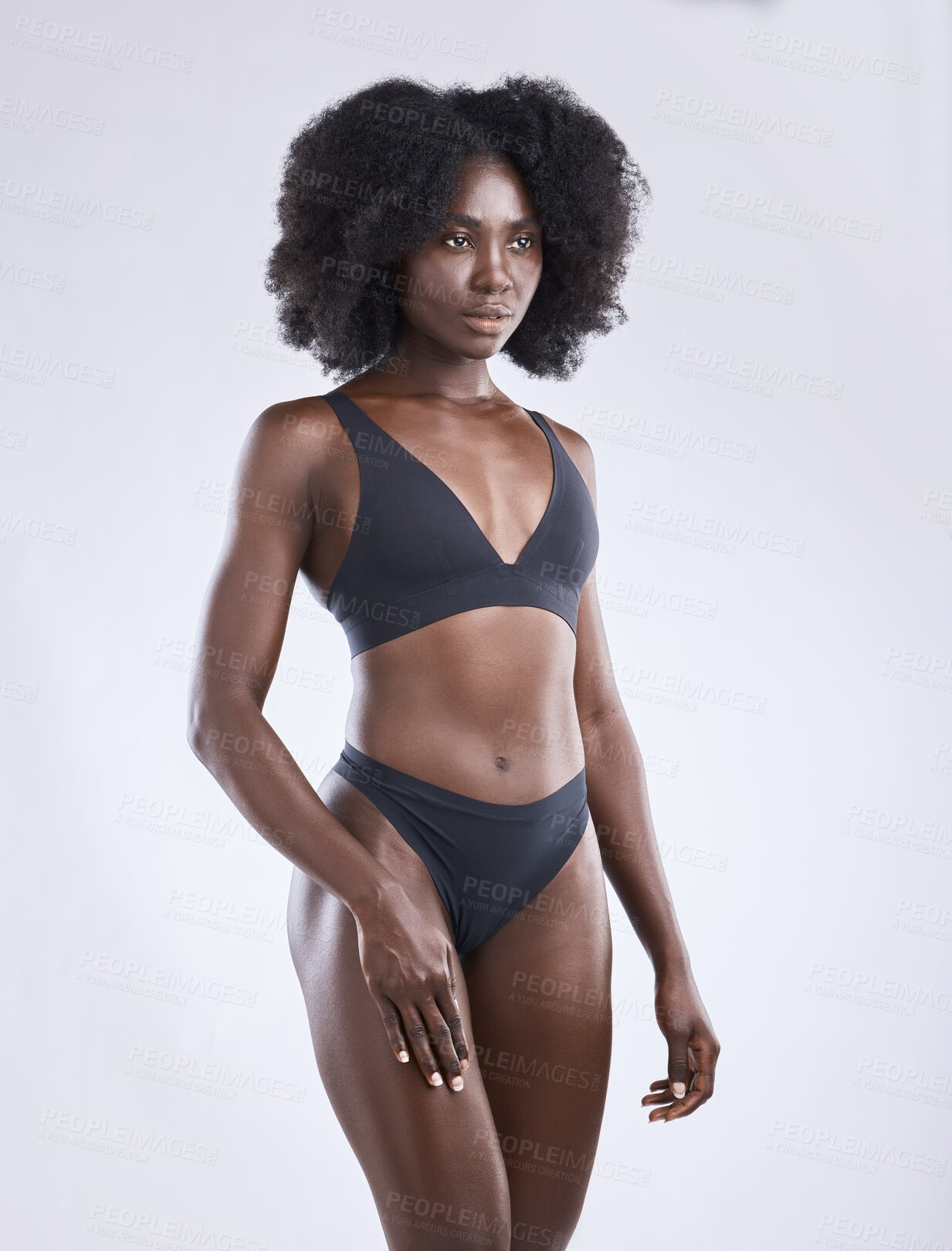 Buy stock photo Portrait, black woman and healthy body in studio with underwear for fitness, training and wellness. African, female person and arms crossed in bikini, exercise and weight loss on white background