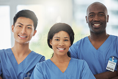 Buy stock photo Medical, confidence and portrait of doctors with crossed arms standing in hospital. Leadership, diversity and group of professional healthcare workers with smile in collaboration at medicare clinic.