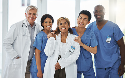 Buy stock photo Portrait, nurses and team of doctors smile standing together in hospital or clinic. Face, healthcare and medical professionals, group diversity or happy surgeons in collaboration, teamwork or support