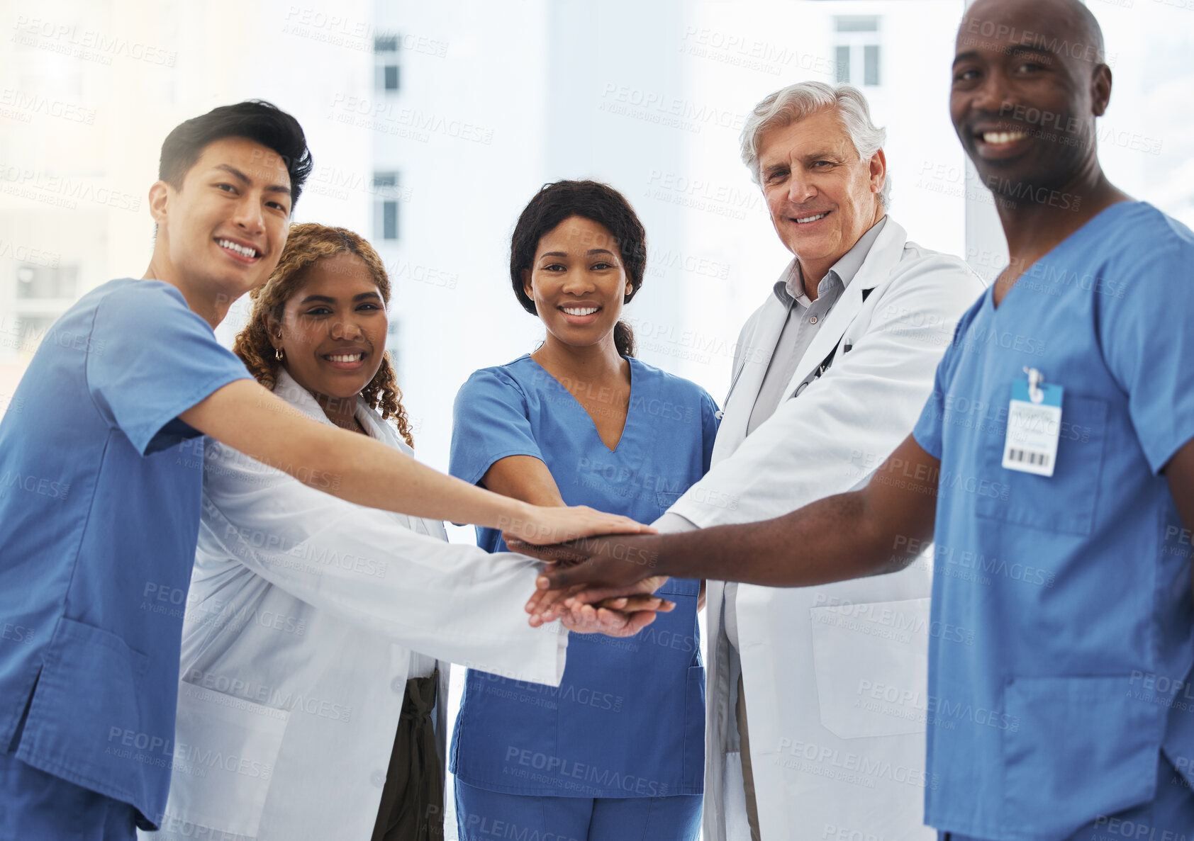 Buy stock photo Portrait, doctors or hands of nurses in stack in meeting for healthcare job, targets or hospital goals. About us, smile or group of happy medical teamwork with support, people or staff mission