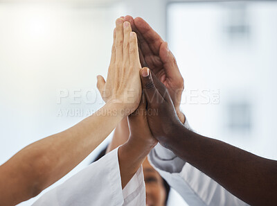 Buy stock photo Success, teamwork or hands of doctors high five in meeting for healthcare job, targets or hospital goals. Closeup, winning or group of medical nurses with support, results motivation or staff mission