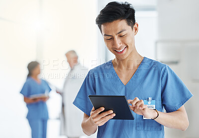 Buy stock photo Asian man, smile and nurse with tablet for research, telehealth or healthcare in hospital. Technology, medical professional and male doctor with touchscreen, wellness app and online consultation.