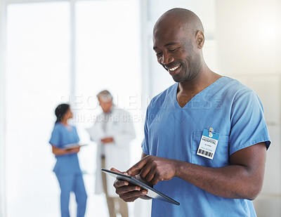 Buy stock photo Smile, black man and nurse with tablet in hospital for research, telehealth or healthcare. Technology, medical professional and African male doctor with touchscreen, wellness app and internet email.