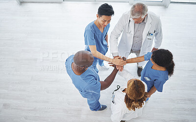 Buy stock photo Above, teamwork or hands of doctors in stack in meeting for healthcare job, targets or hospital goals. About us, nurses or group of medical workers with support, motivation or staff mission together