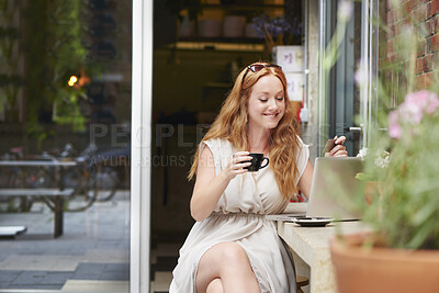 Buy stock photo Credit card, payment or online shopping with woman on laptop with coffee, investing or online sale with smile. Fintech, ecommerce and small business owner with financial debit card on mobile app.
