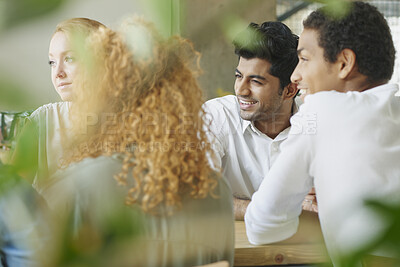 Buy stock photo Business team, meeting and planning in a restaurant with a man and woman employee group working in collaboration. Teamwork, strategy and training with male and female colleagues at work in a cafe