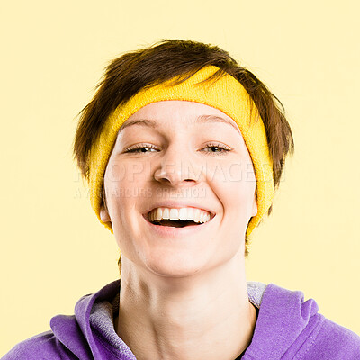 Buy stock photo Retro, fitness and portrait of woman with headband, smile and positive attitude for gym workout in studio. Happy, face and girl with vintage style, exercise fashion or confidence on yellow background