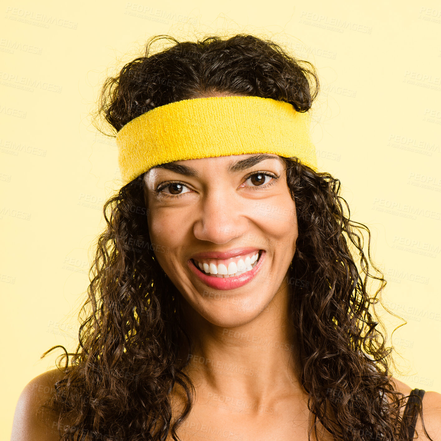 Buy stock photo Vintage, fitness and portrait of woman with headband, smile and positive attitude for gym workout in studio. Happy, face and girl with retro style, exercise fashion or confidence on yellow background