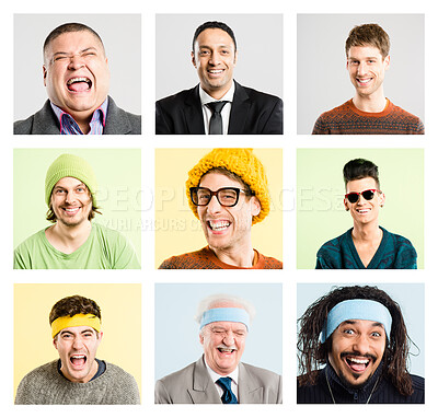 Buy stock photo Portrait, collage and men with diversity, happiness and accessories on studio background. Face, people and group with facial expression, excited and cheerful with joy, smile and multiracial