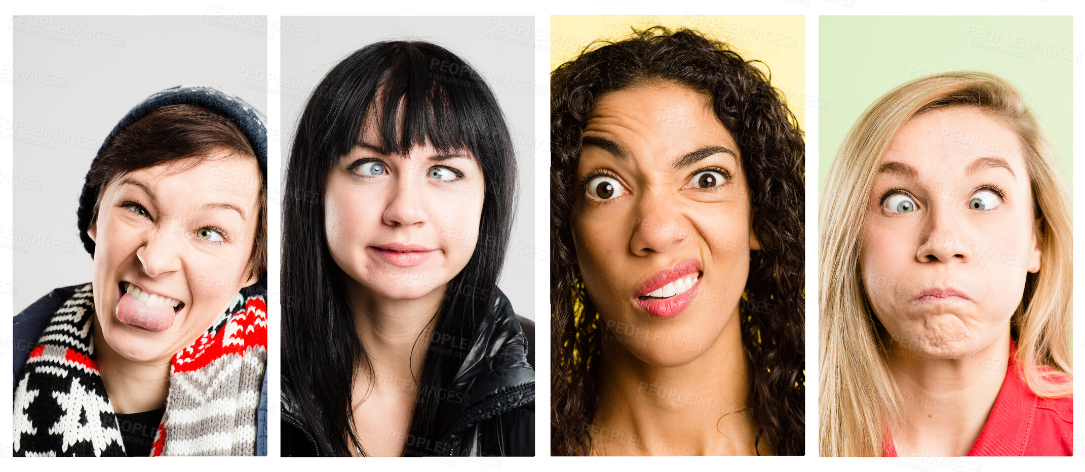Buy stock photo Collaged shot of a diverse group of women standing in the studio and posing while pulling funny faces