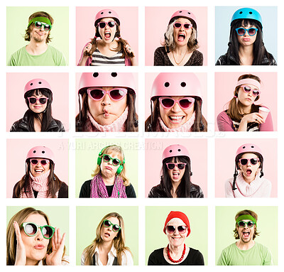 Buy stock photo Collage, portrait and happy people with hat, quirky fashion and smile with funky style in studio. Sunglasses, confidence and diversity with faces montage of hipster, fun and cool accessory with frame