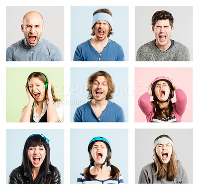 Buy stock photo Portrait, collage and people with diversity, screaming and accessories on studio background. Face, shouting and group with facial expression, excited and cheerful with reaction, smile and multiracial