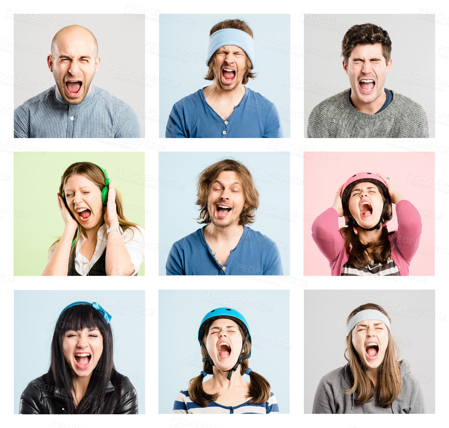 Buy stock photo Portrait, collage and people with diversity, screaming and accessories on studio background. Face, shouting and group with facial expression, excited and cheerful with reaction, smile and multiracial