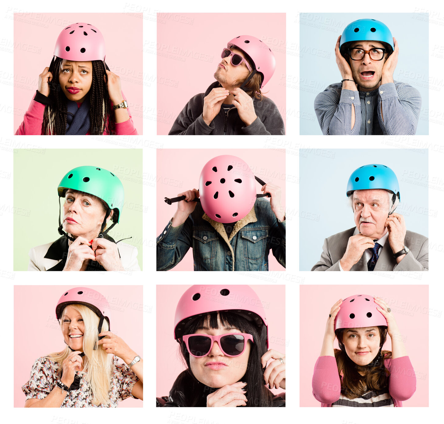 Buy stock photo Collage, portrait and getting ready with bike helmet and people with quirky fashion and studio. Safety, gear and protection with group face of montage with hipster, fun and cool style for travel