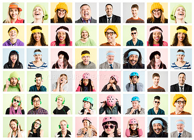 Buy stock photo Collage, portrait and happy people with hat, fashion and smile with funky style in studio. Sunglasses, confidence and diversity with faces montage of hipster, fun and cool accessory with frame