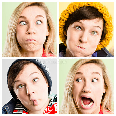 Buy stock photo Funny, composite and women in studio with silly, goofy and comic face expression for joke. Crazy, collage and happy female people with playful humor, quirky or comedy for joy by color background.