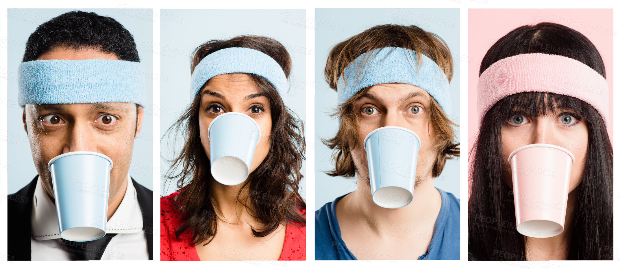 Buy stock photo Collage, portrait and people with coffee cup in studio for fitness with retro headband. Caffeine addict, crazy and athlete friends drinking takeaway cappuccino or latte with vintage exercise fashion.