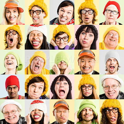 Buy stock photo Collaged shot of a diverse group of people standing in the studio and posing while wearing hats