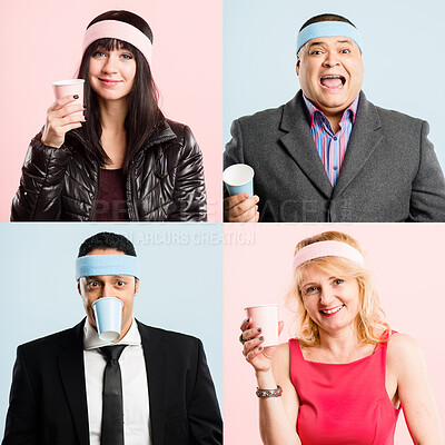 Buy stock photo Collage, portrait and happy people with coffee cup in studio for fitness with retro headband. Caffeine addict, crazy and athlete friends drinking takeaway cappuccino with vintage exercise fashion