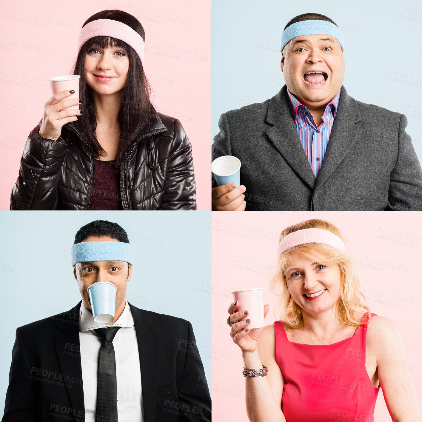 Buy stock photo Collage, portrait and happy people with coffee cup in studio for fitness with retro headband. Caffeine addict, crazy and athlete friends drinking takeaway cappuccino with vintage exercise fashion