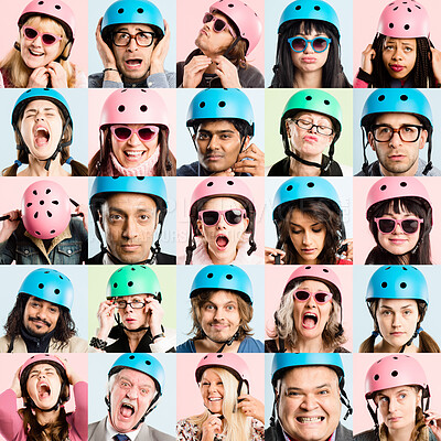 Buy stock photo Collage, portrait and funny with bike helmet and people with quirky fashion and smile studio. Safety, confidence and protection with group face of montage with hipster, fun and cool style with frame