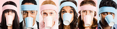 Buy stock photo Collage, people and portrait for retro fashion in studio background, goofy and biting coffee cup of collection. Diversity, group and trendy headband for herbal tea, drinking and composite inclusion