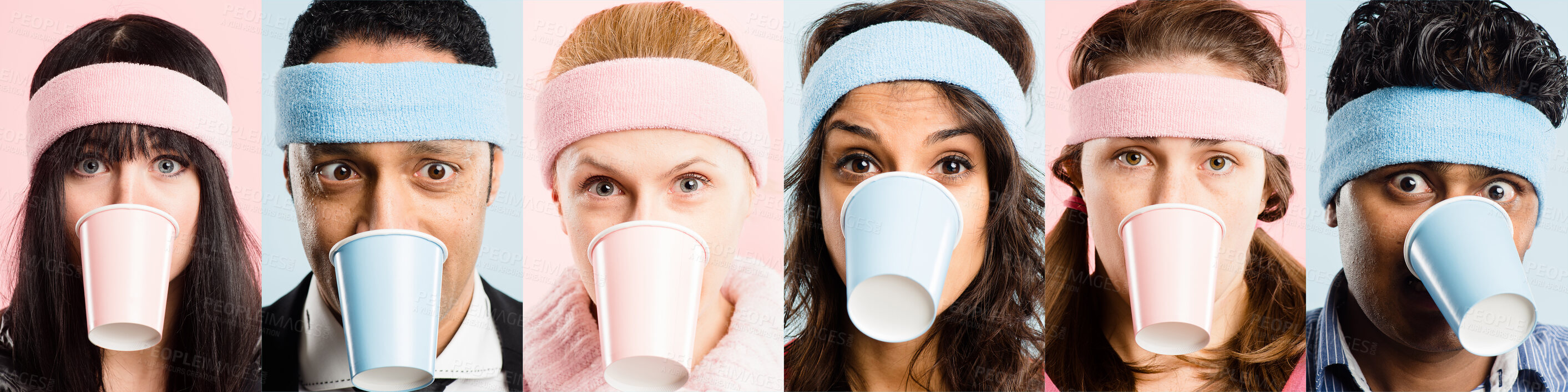 Buy stock photo Collage, people and portrait for retro fashion in studio background, goofy and biting coffee cup of collection. Diversity, group and trendy headband for herbal tea, drinking and composite inclusion