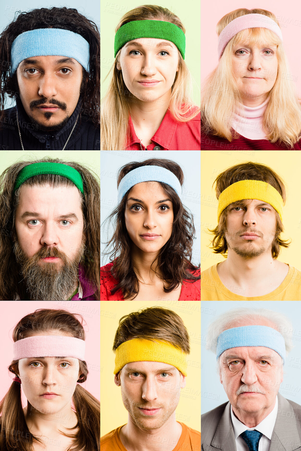 Buy stock photo Collage, people and face for confidence, smile and expression on colorful studio background with headbands. Men, women and mosaic with portrait, diversity and style or comic fashion for generations