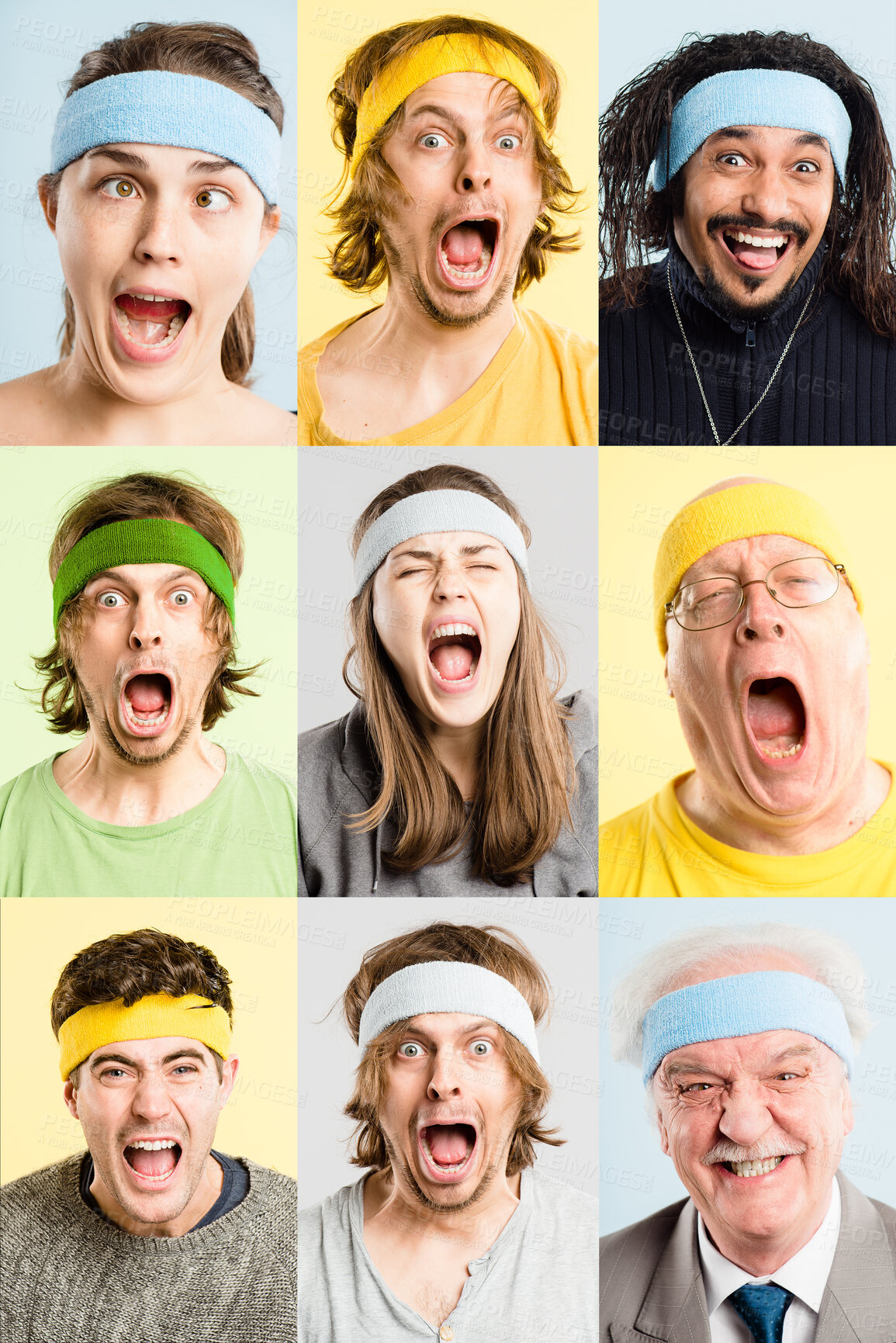 Buy stock photo Collage, people and face for comic, smile and playful on colorful studio background with excited energy. Men, women and mosaic with portrait, diversity and carefree or fun fashion for generations