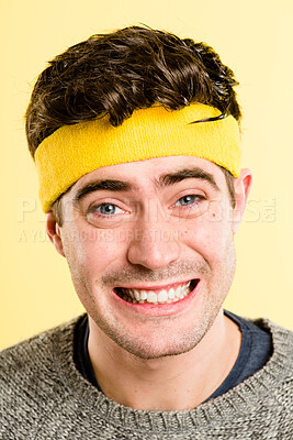 Buy stock photo Retro, fitness and portrait of man with headband, smile and positive attitude for gym workout in studio. Happy, face and person with vintage style, exercise fashion or confidence on yellow background